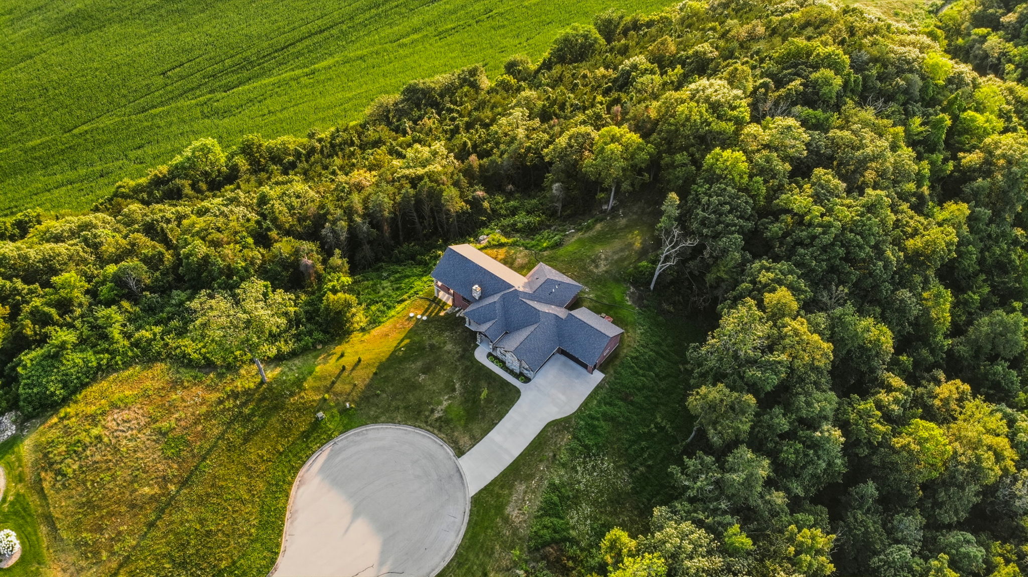 Aerial daytime view of the house nestled in the trees